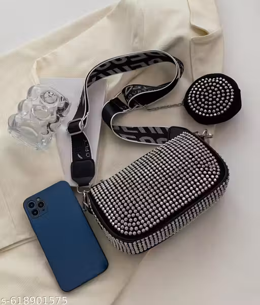 Trendy Black Rhinestone Sling Bag with Mini Coin Pouch for Women & Girls