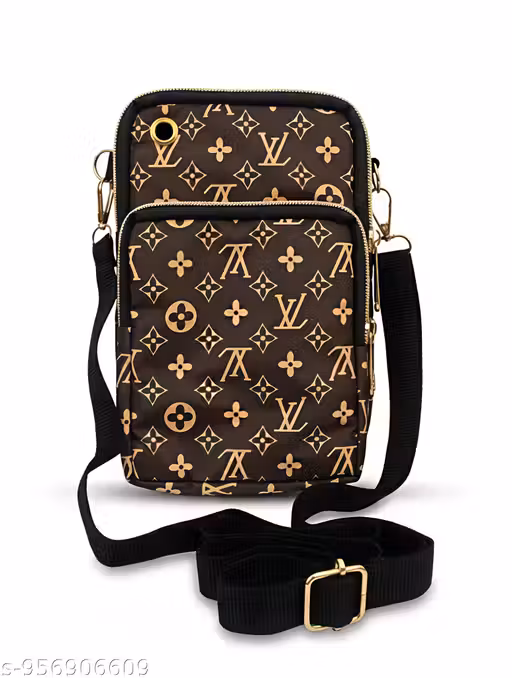 Luxury Monogram Printed Crossbody Mobile Pouch with Adjustable Strap – Multi-Pocket Sling Bag for Women & Men (Brown & Gold)