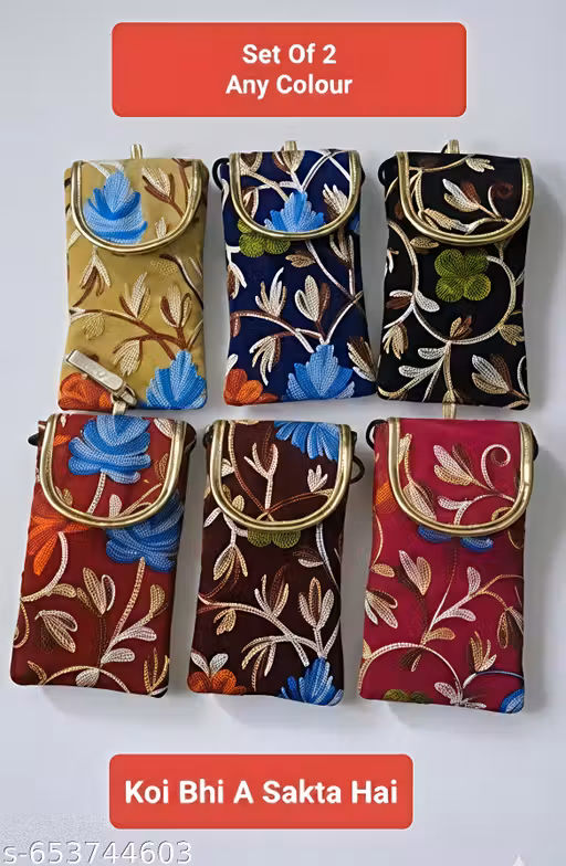 Embroidered Mobile Sling Pouch – Set of 2 | Multi-Colour Combo | Ethnic Floral Design