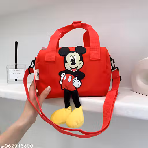 Trendy Red Mickey Mouse Character Printed Duffle Bag with Crossbody Strap & Plush Legs – Small