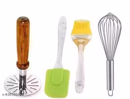Potato masher, whisker, oil brush, and spatula for baking and cooking make up this four-piece kitchen tool set.