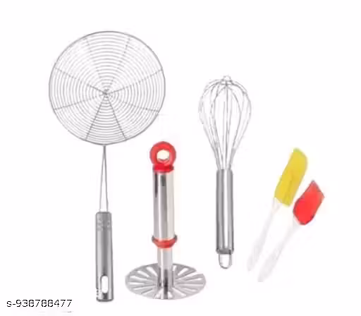 A set of four cooking utensils made of stainless steel, including a soup ladle, whisker, spatula, and oil brush