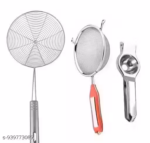 Combination of three cooking utensils made of stainless steel, including a soup ladle, puri jhara, and a lemon squeezer