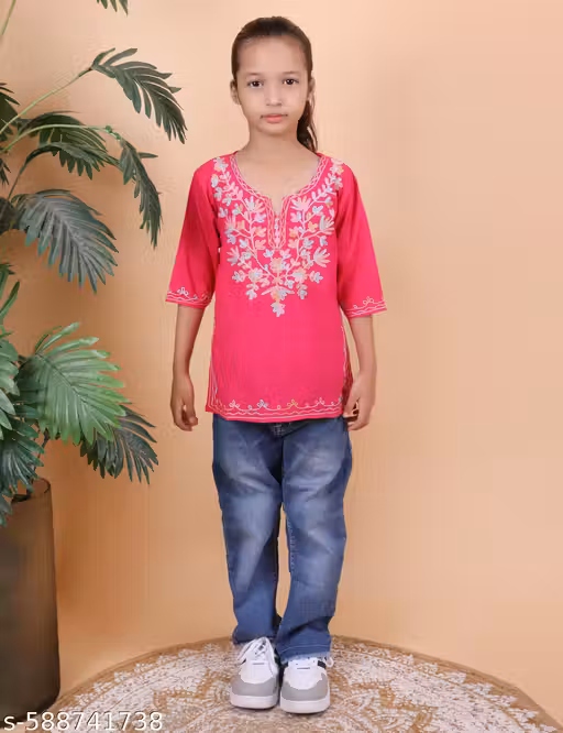iKRABIB Kids Embroidered Kurti with Floral Design, 3/4 Sleeves, V-Neck