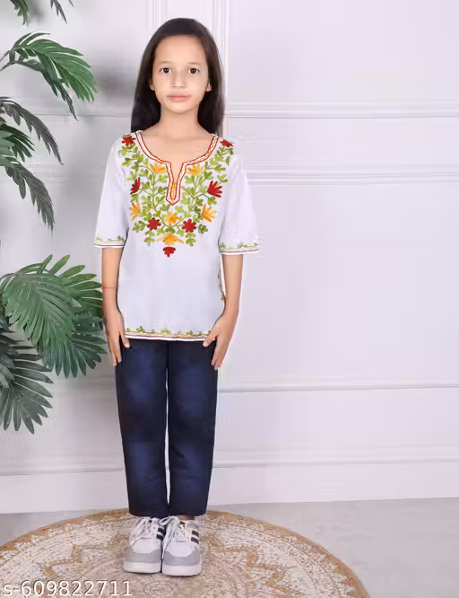 iKRABIB Kids Embroidered Kurti with Floral Design, 3/4 Sleeves, V-Neck