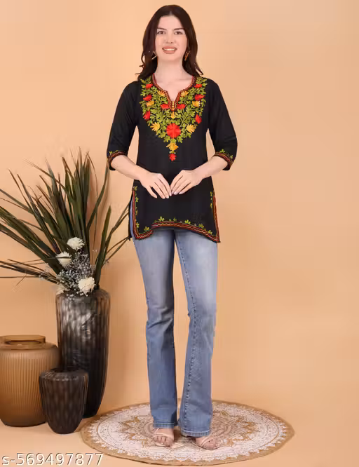 iKRABIB Kids Embroidered Kurti with Floral Design, 3/4 Sleeves, V-Neck