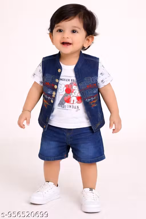 Pack of 2 Baby Boys Stylish Summer Clothing Set Combo | Printed Co-Ord Set & Denim Waistcoat Outfit
