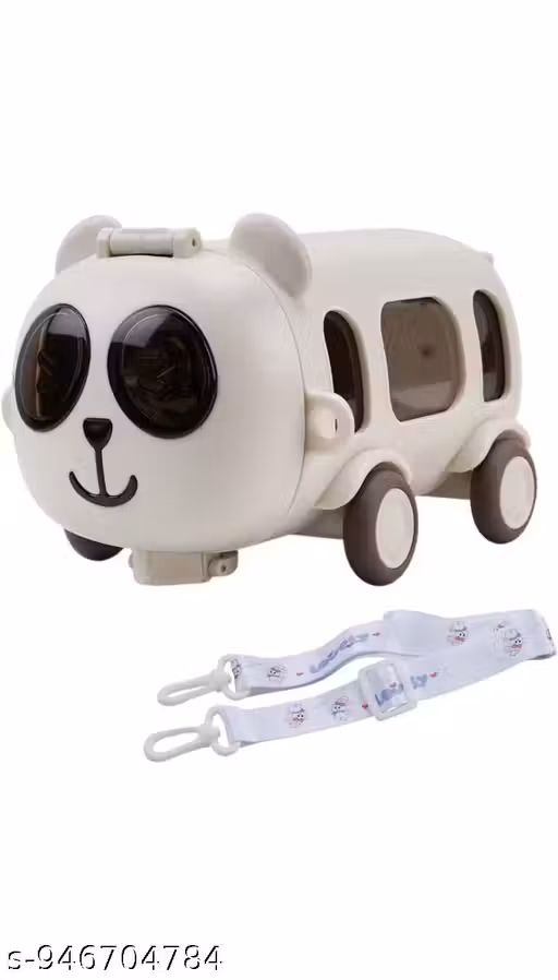 Myway Cart Panda Bus Water Bottle For Kids With Strap, Sipper & Straw | Water Leackproof and Walking Tyres