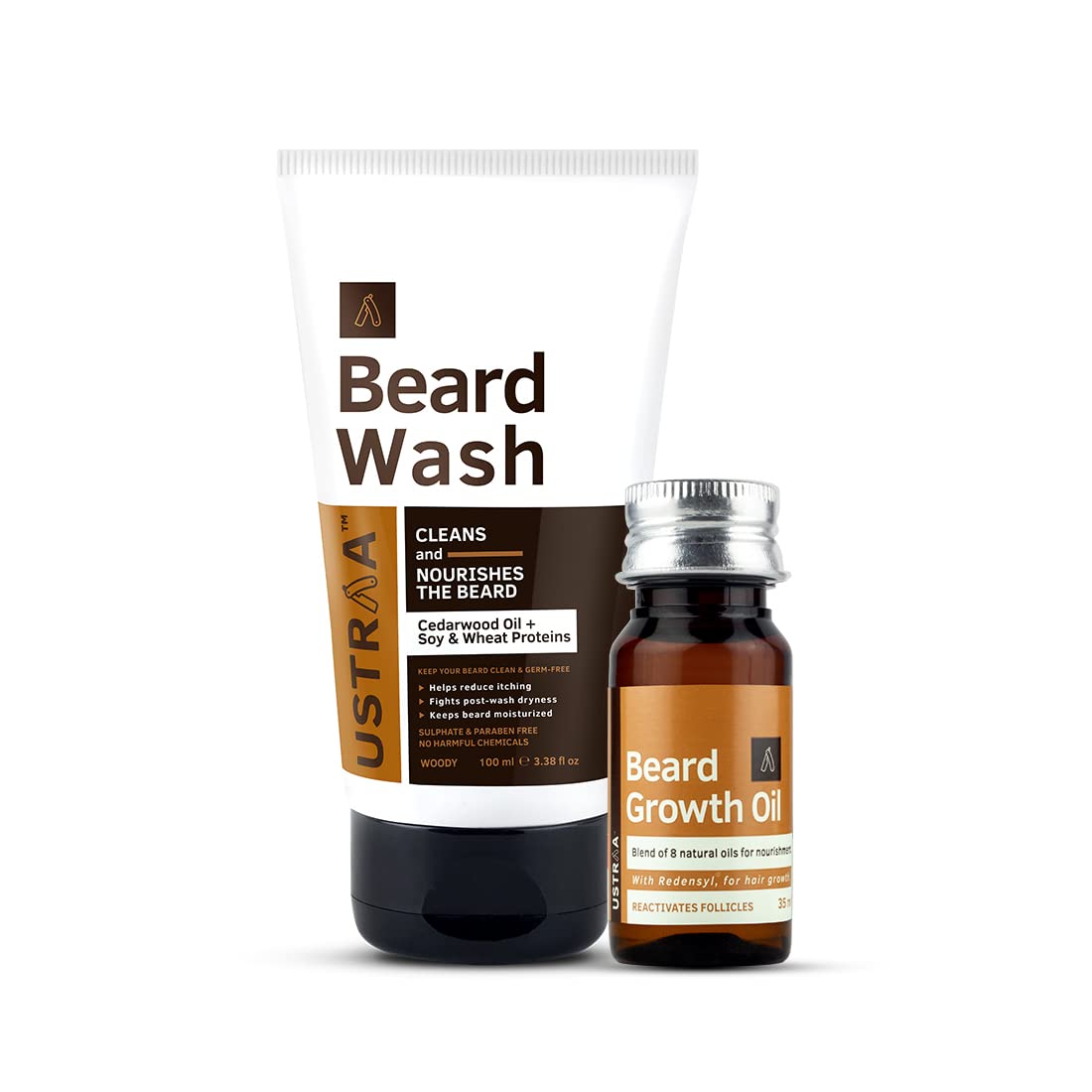 Ustraa Beard Growth Oil - 35ml - With Redensyl and 8 Natural Oils, Moisturizes & Nourishes, No Mineral Oil & Beard Wash Woody - 100 ml -SLS-free Beard Wash | Thick Foam, No Post-wash Dryness