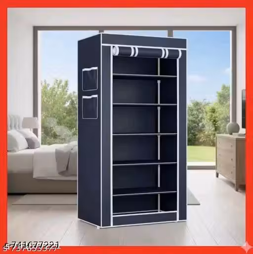 Jai bajrangbali store 6 Shelves Shoe Rack Plastic with Zip Door Cover & Side Pockets, Multiuse Storage Rack for Footwear, Toys, Clothes with Dustproof Cover ( 6 Shelves, Plastic) ( BLUE 6 LAYER)