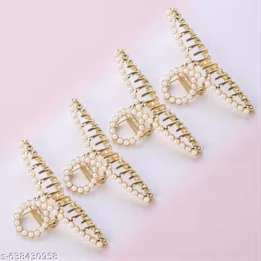 Freebies Stylish Pearl Bow Hair Clutcher Set | Big Grip Claw Clip For Girls Women | Trendy Hair Accessories | Fancy Fashion Hair Clip (Pack of 4)