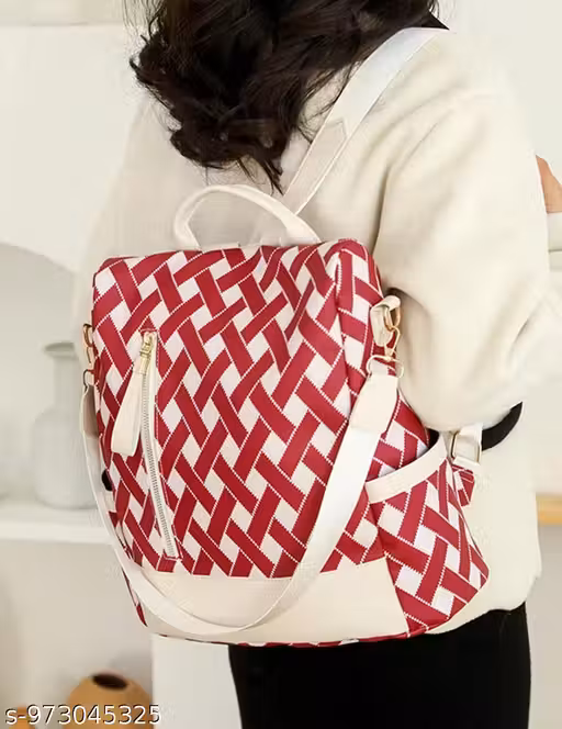 RAHAF | Backpack Red backpack Woven pattern Geometric design Fashion bag Stylish backpack Casual backpack Travel bag Everyday carry Women's backpack Modern accessory Designer-inspired Textured fabric Basket weave