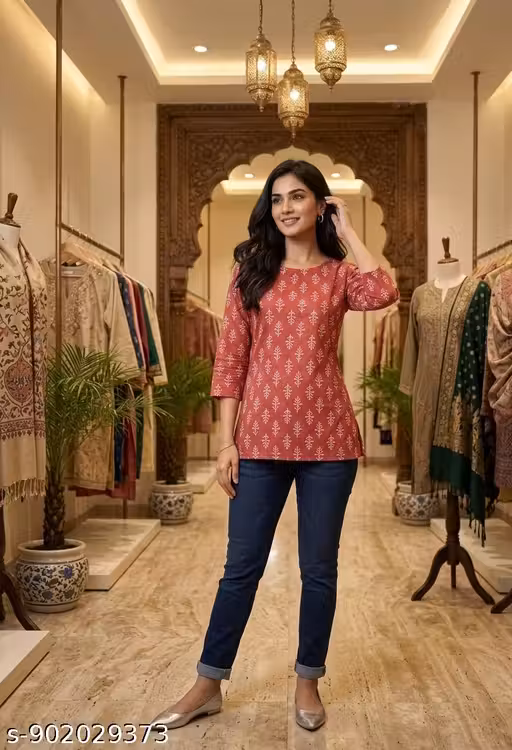 Women's Digital Floral Printed Women's Short Kurti in Tunic Rayon Cotton Blend