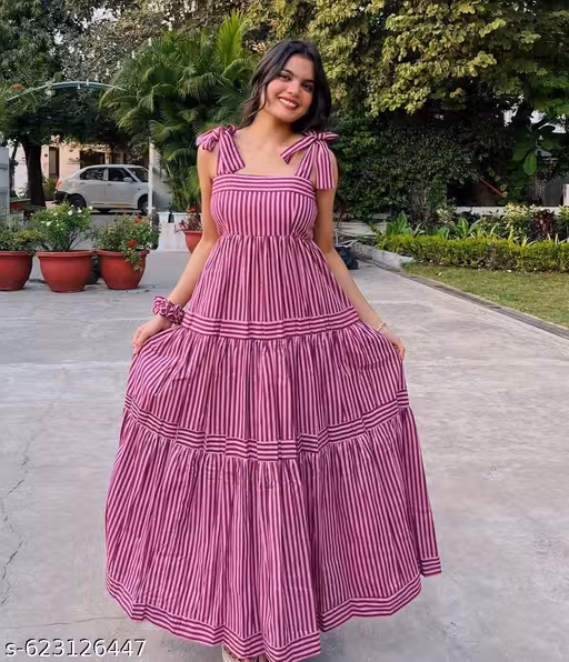 Women's Long Maxi Gown with Shoulder Ribbon Tie-Up, Stylish & Trendy - Fit and Flare Sleeveless Square Neckline Western Dress
