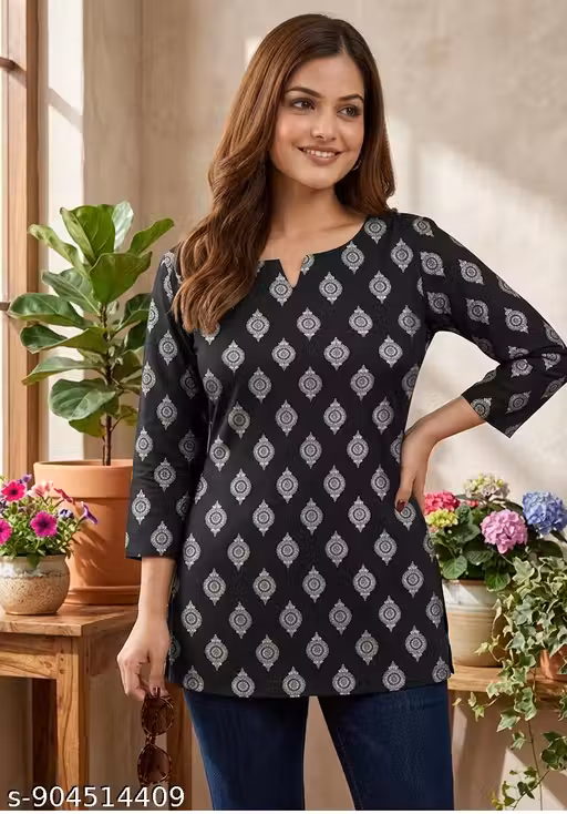 Black Floral Print Tunic Top, Round Neck, Ethnic Style