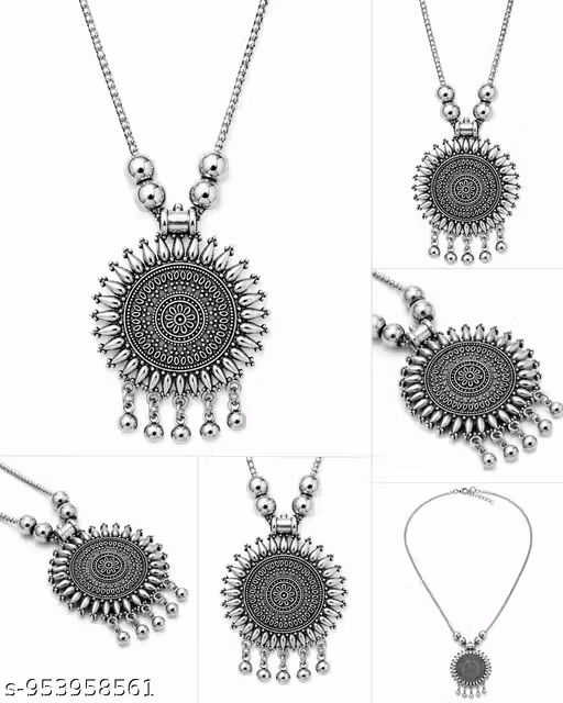 Oxidised Silver Traditional Pendant Necklace for Women & Girls