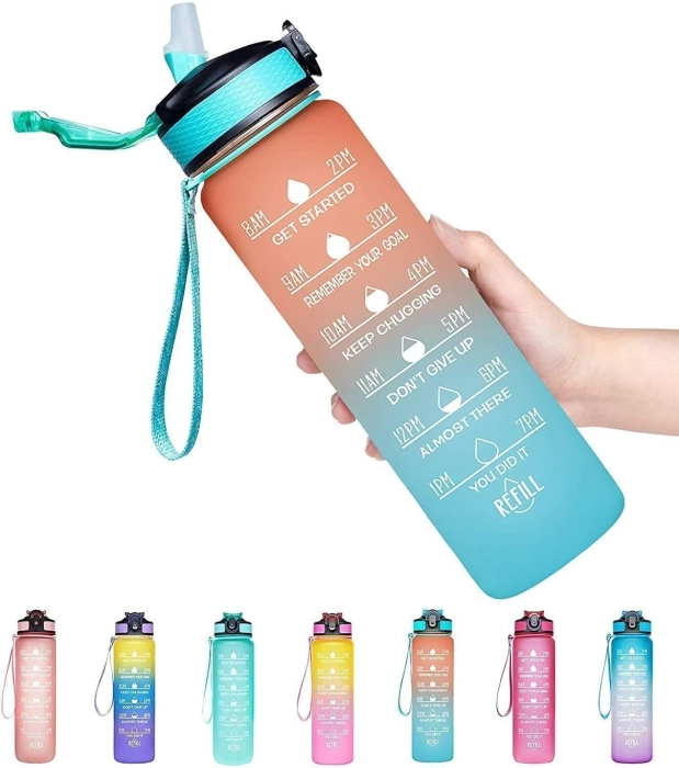 Water Bottle 1 L with Motivational Time Marker, BPA Free Non-Toxic Water Bottle 1000 ml Silicone, Plastic Sipper (Pack of 1, Multicolor)