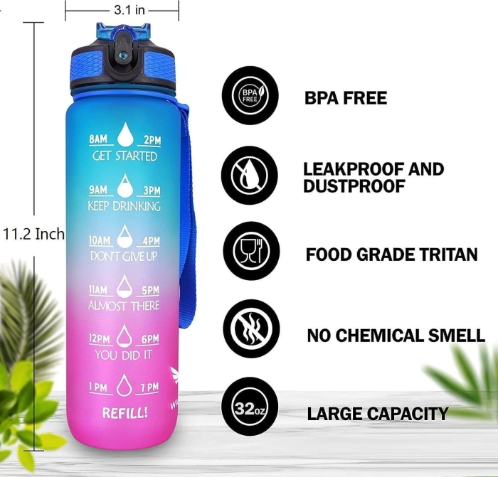Water Bottle 1 L with Motivational Time Marker, BPA Free Non-Toxic Water Bottle 1000 ml Silicone, Plastic Sipper (Pack of 1, Multicolor)
