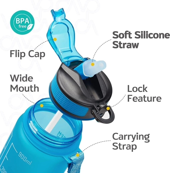 Water Bottle 1 L with Motivational Time Marker, BPA Free Non-Toxic Water Bottle 1000 ml Silicone, Plastic Sipper (Pack of 1, Multicolor)