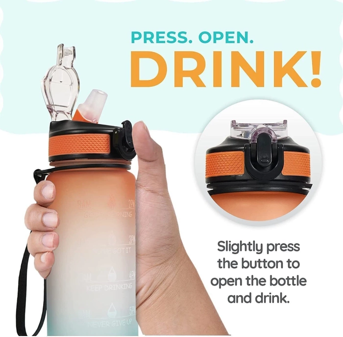 Water Bottle 1 L with Motivational Time Marker, BPA Free Non-Toxic Water Bottle 1000 ml Silicone, Plastic Sipper (Pack of 1, Multicolor)