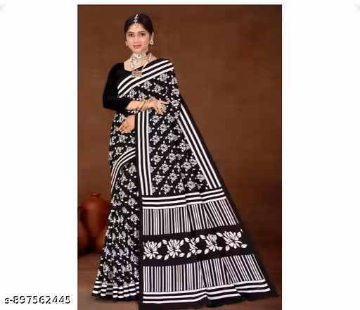 Women’s Black & White Printed Saree with Blouse Piece | Floral & Striped Design | Stylish Ethnic Wear Saree Set