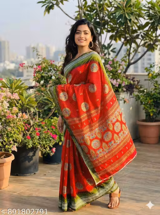 Women’s Red & Green Traditional Saree with Golden Circular Motif | Elegant Ethnic Wear Saree with Rich Border Design