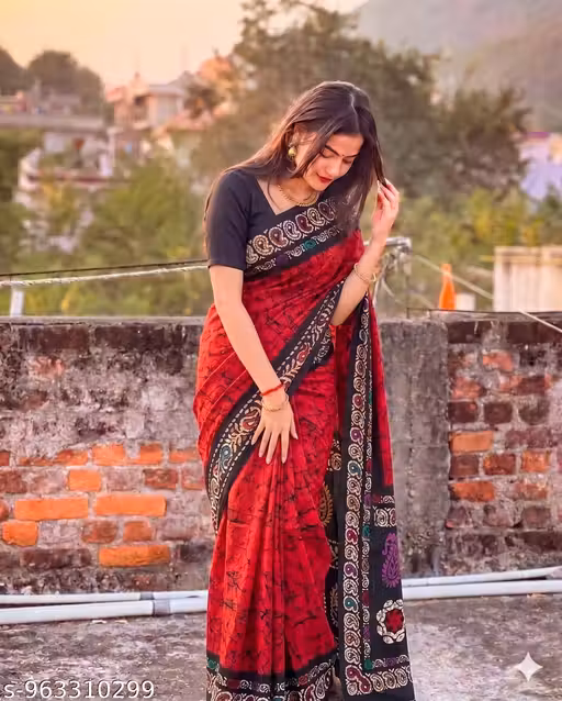 Women's Hand Block Printed Pure Cotton Mulmul Saree with Blouse Piece