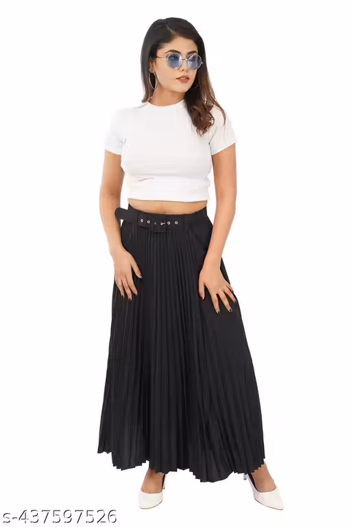 Stylish Women's Black Color Crepe Fabric Pleated Skirts