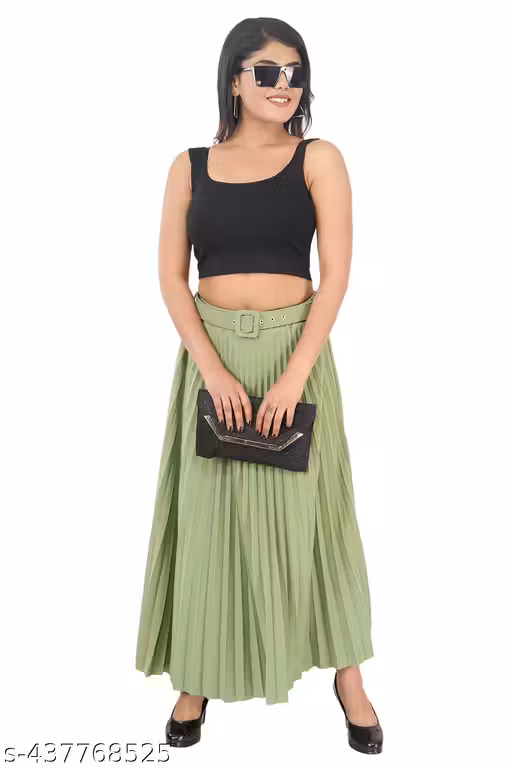 Stylish Women's Light Green Color Crepe Fabric Pleated Skirts