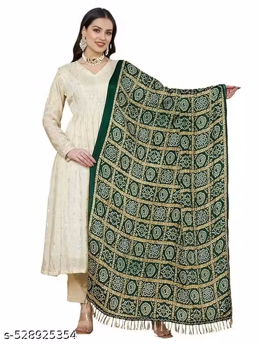 Cotoncroton's Green Bandhani Pattern With Patola Print Dupatta