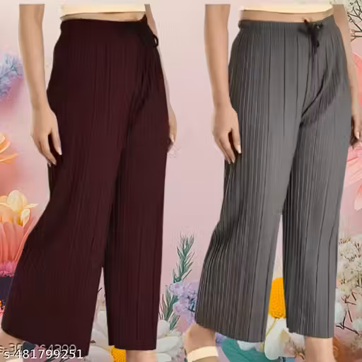 Women's Pleated Palazzo Pants Combo Pack of 2 | Elastic Waist Wide Leg Casual Trousers | Comfortable Daily Wear