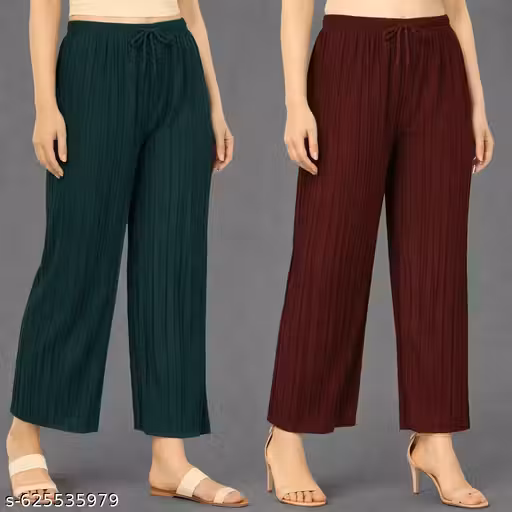 Women's Pleated Palazzo Pants Combo Pack of 2 | Elastic Waist Wide Leg Casual Trousers | Comfortable Daily Wear