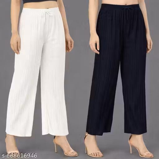 Women's Pleated Palazzo Pants Combo Pack of 2 | Elastic Waist Wide Leg Casual Trousers | Comfortable Daily Wear
