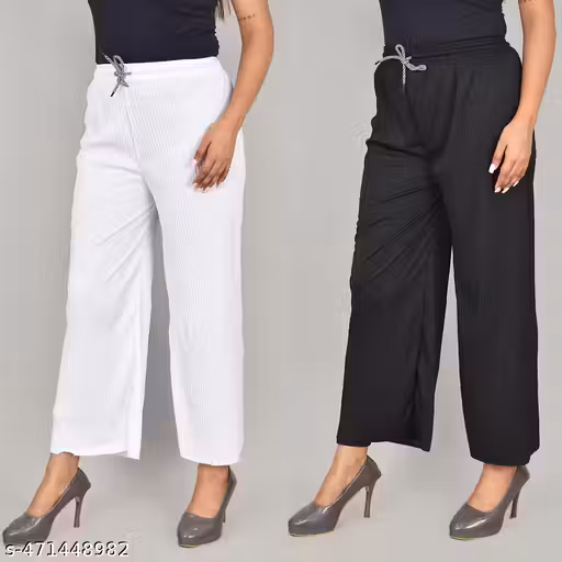Women's Pleated Palazzo Pants Combo Pack of 2 | Elastic Waist Wide Leg Casual Trousers | Comfortable Daily Wear