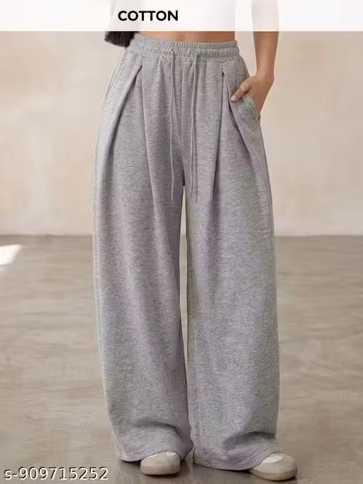 Women's Grey Pleated Wide Leg Baggy Trouser