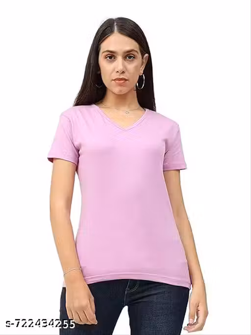 Women's Cotton Plain Navy Blue V-Neck Half Sleeve T-Shirt | Casual Regular Fit Top