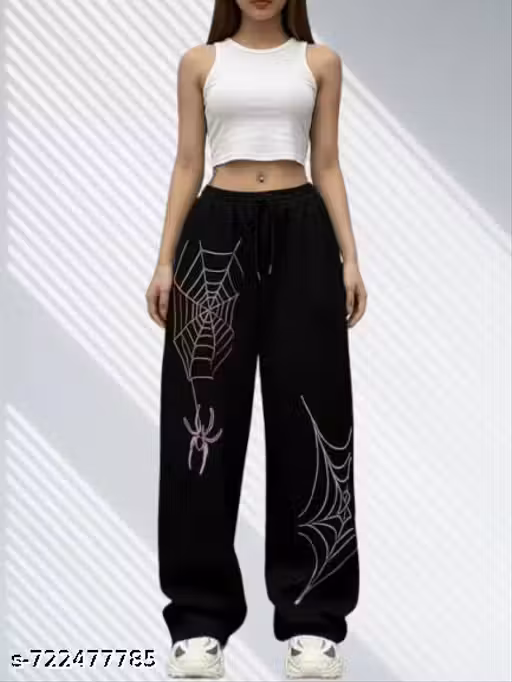 Women's Vintage Black Wide-Leg Pants with Spider Web & Spider Graphic Print, Loose Fit Drawstring Casual Streetwear Trousers