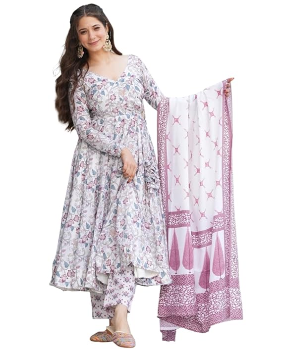 Women’s Floral Print Anarkali Kurta Set with Pant & Dupatta