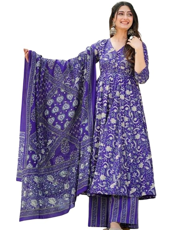 Women Floral Print Anarkali Kurta Set with Pant and Dupatta for Women - V Neck Flared Ethnic Kurti with Full Sleeves, Printed Palazzo Bottom & Matching Dupatta