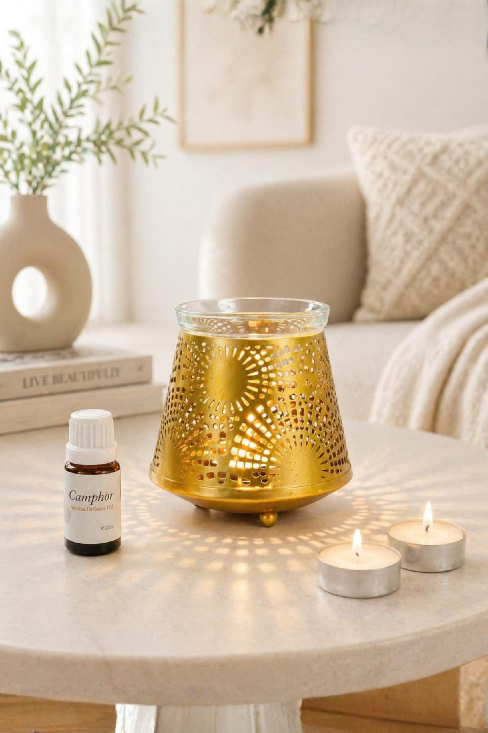 Decorative Electric Moroccan Style Metal Aroma Oil Burner (Diffuser) – Gold Essential Oil Night Lamp for Home, Bedroom, Living Room & Spa Fragrance, 10ml Oil Included