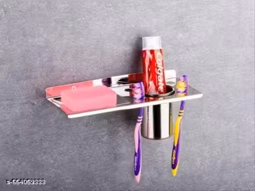 Vinayak Wall Mounted Stainless Steel Bathroom Shelf with Tumbler Holder & Toothbrush Stand - (Silver)
