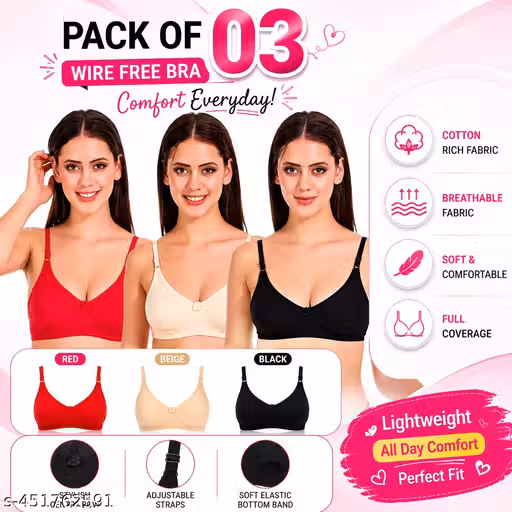 Girls & Women's Daily Wear Comfortable Non Padded Soft Color full Bra(Color-Multicolor || Pack of 3)