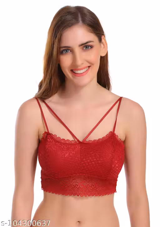 Women's Red Lace Bralette | Non-Padded Wire-Free Floral Lace Crop Bra with Double Strap | Everyday Lingerie