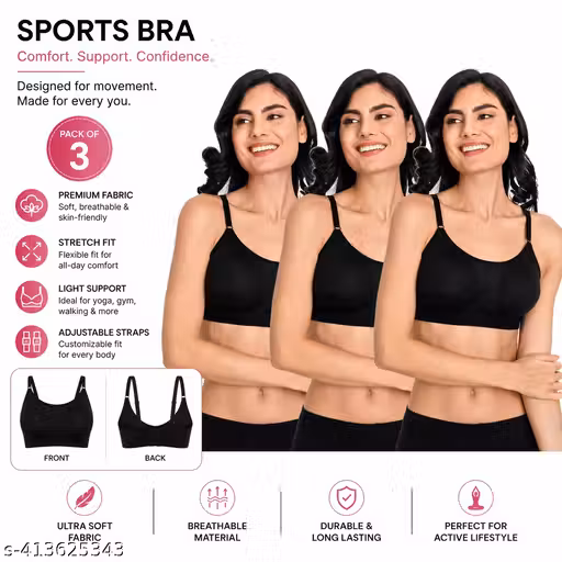 Women's Pack of 3 Padded Sports Bras | Wire-Free Stretchable Cotton Blend Activewear Bra with Adjustable Straps