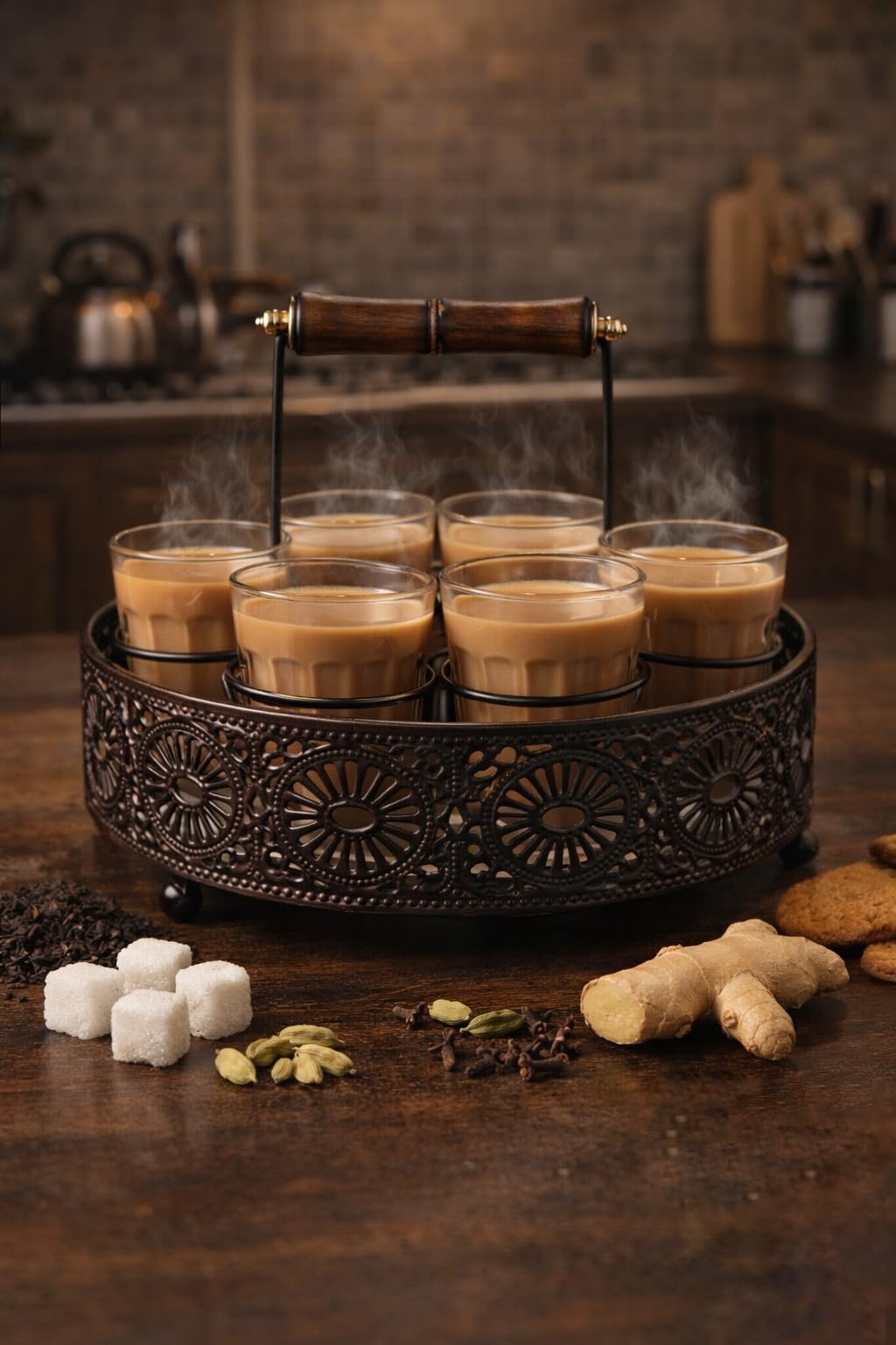 Cutting Chai Glass Set of 6 – Traditional Indian Tea Glasses with Heavy Brown Metal Holder Stand | Tapri Style Chai Cups for Home, Kitchen, Café, Restaurant, Dhaba, Office & Tea Stall Use
