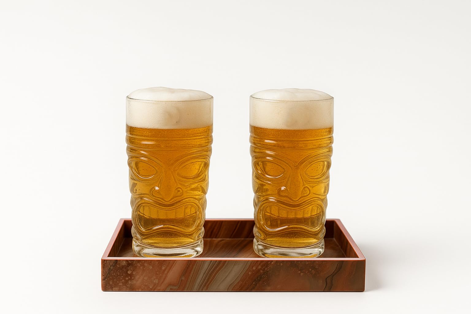 Tiki Beer Glass Set | 400ml x 2 | with MDF Wooden Serving Tray | Stylish Tiki Bar Glasses for Beer, Juice & Mocktails