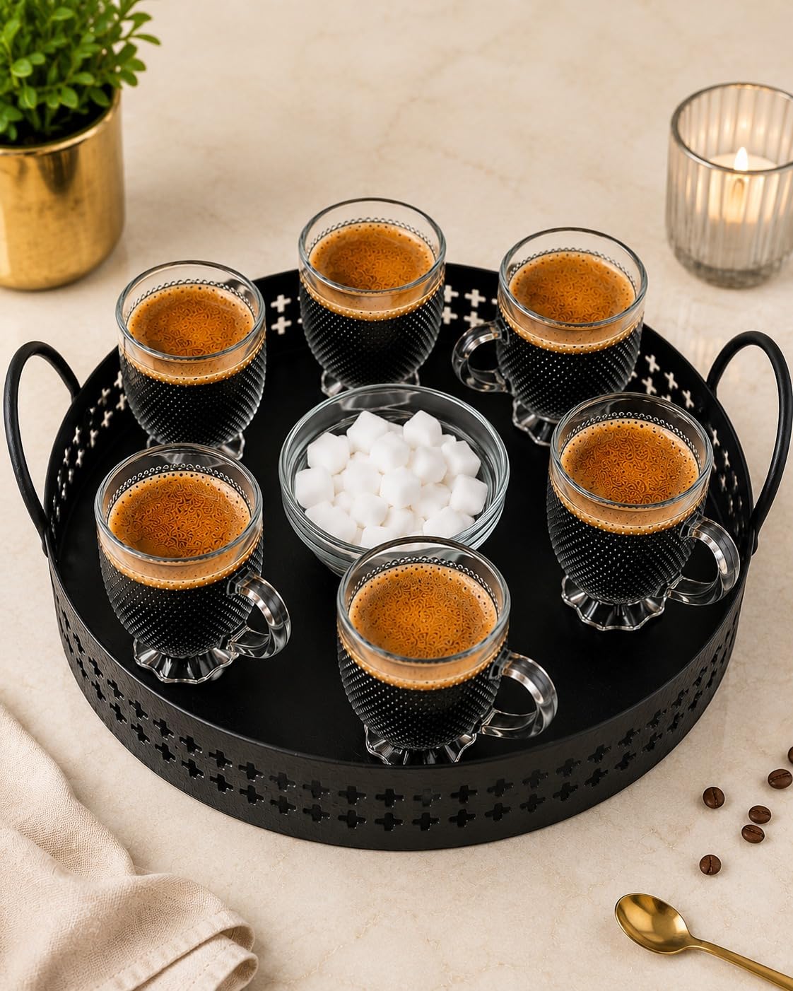 Premium Tea Coffee Cup Set of 6 with Metal Serving Tray and Bowl | 7 Pcs | Textured | Espresso, Chai | Gift Set for Home, Guests & Occasions