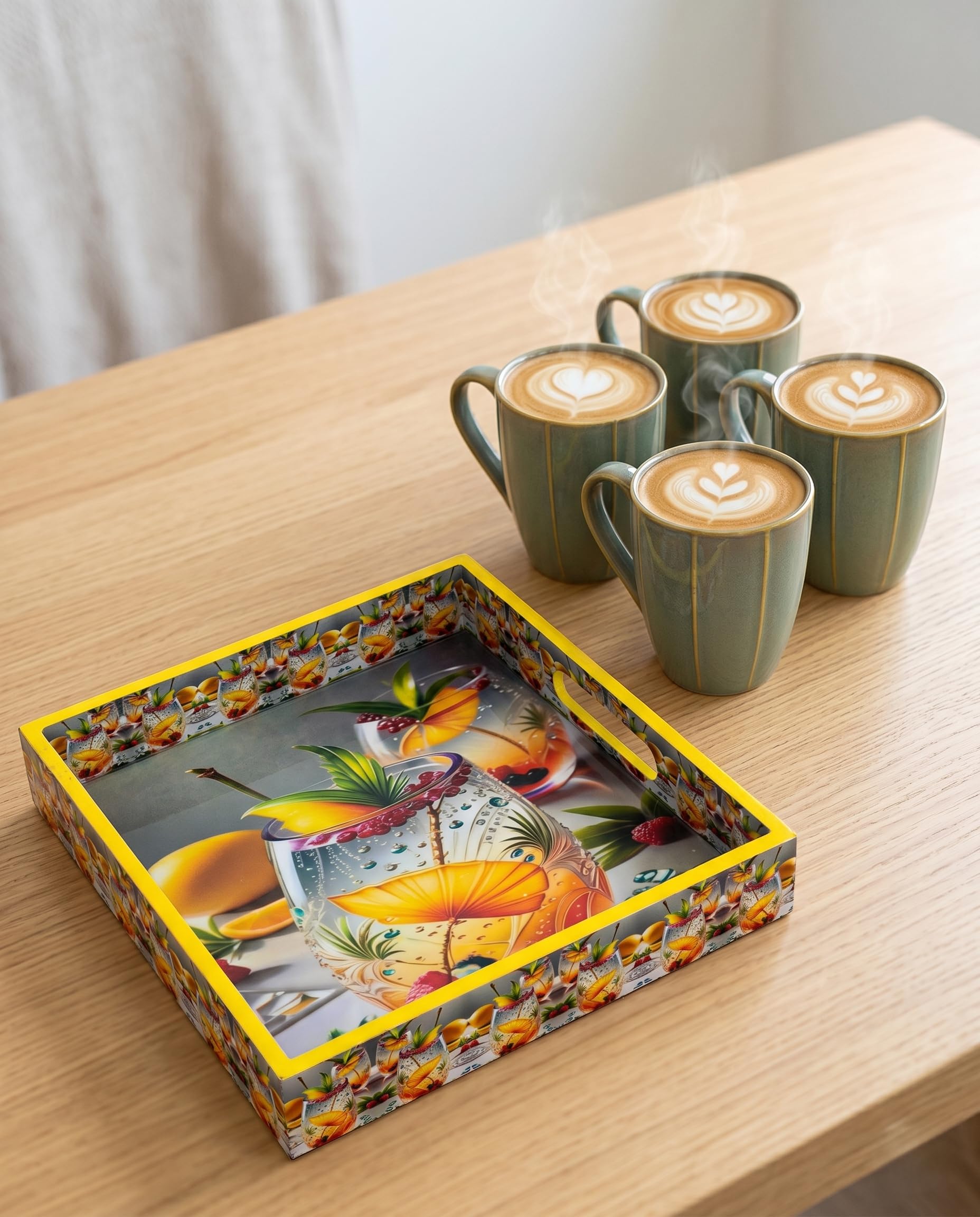 4 Pcs Coffee Cup Set with Serving Tray | Premium Tea Cups Set of 4 | Durable Stylish Coffee Mug Set with Tray for Home, Kitchen, Cafe & Restaurant Use