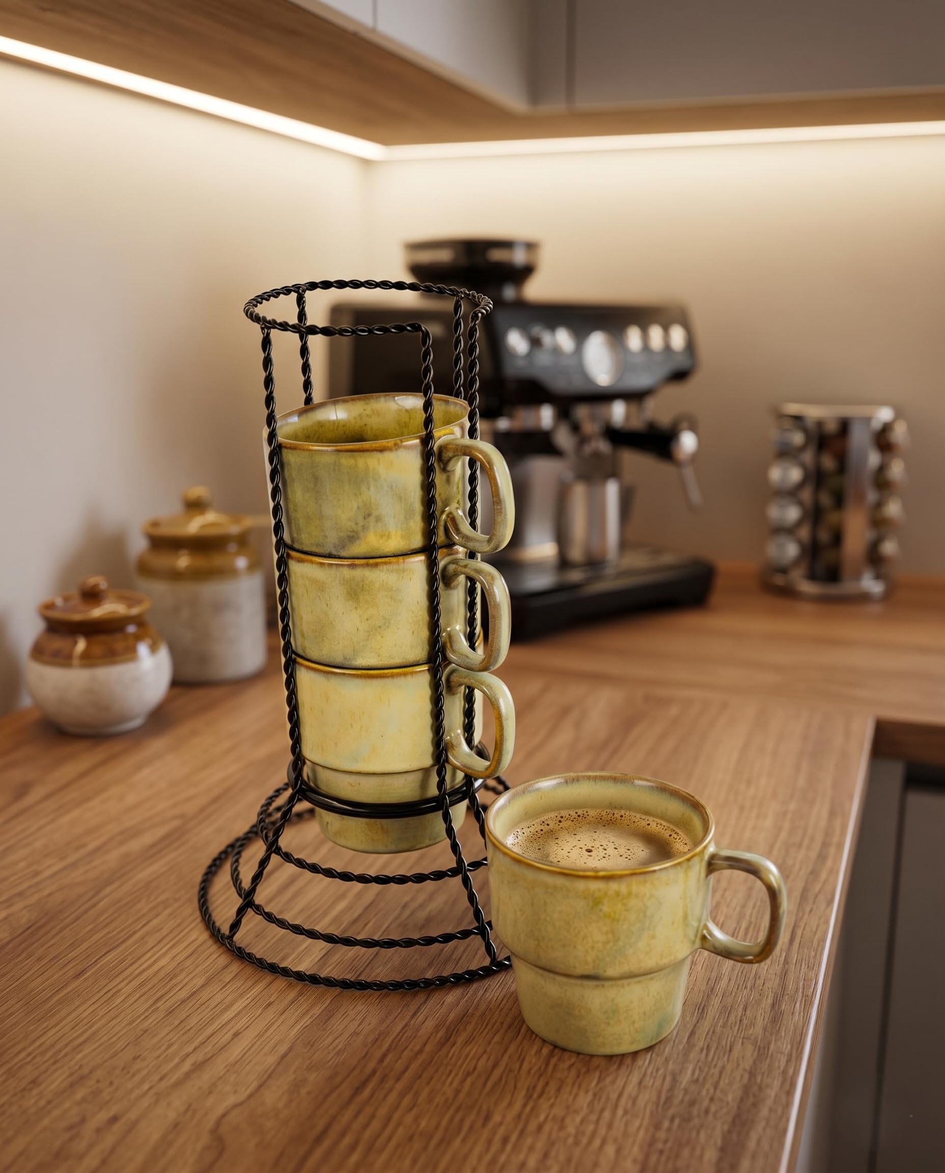 Ceramic Tea Cups Set of 4 with Metal Stand for Tea & Coffee | Stackable Ceramic Tea Cups Set with Mug Holder | Premium Tea Cups for Kitchen, Home, Office & Cafe Serving (4)
