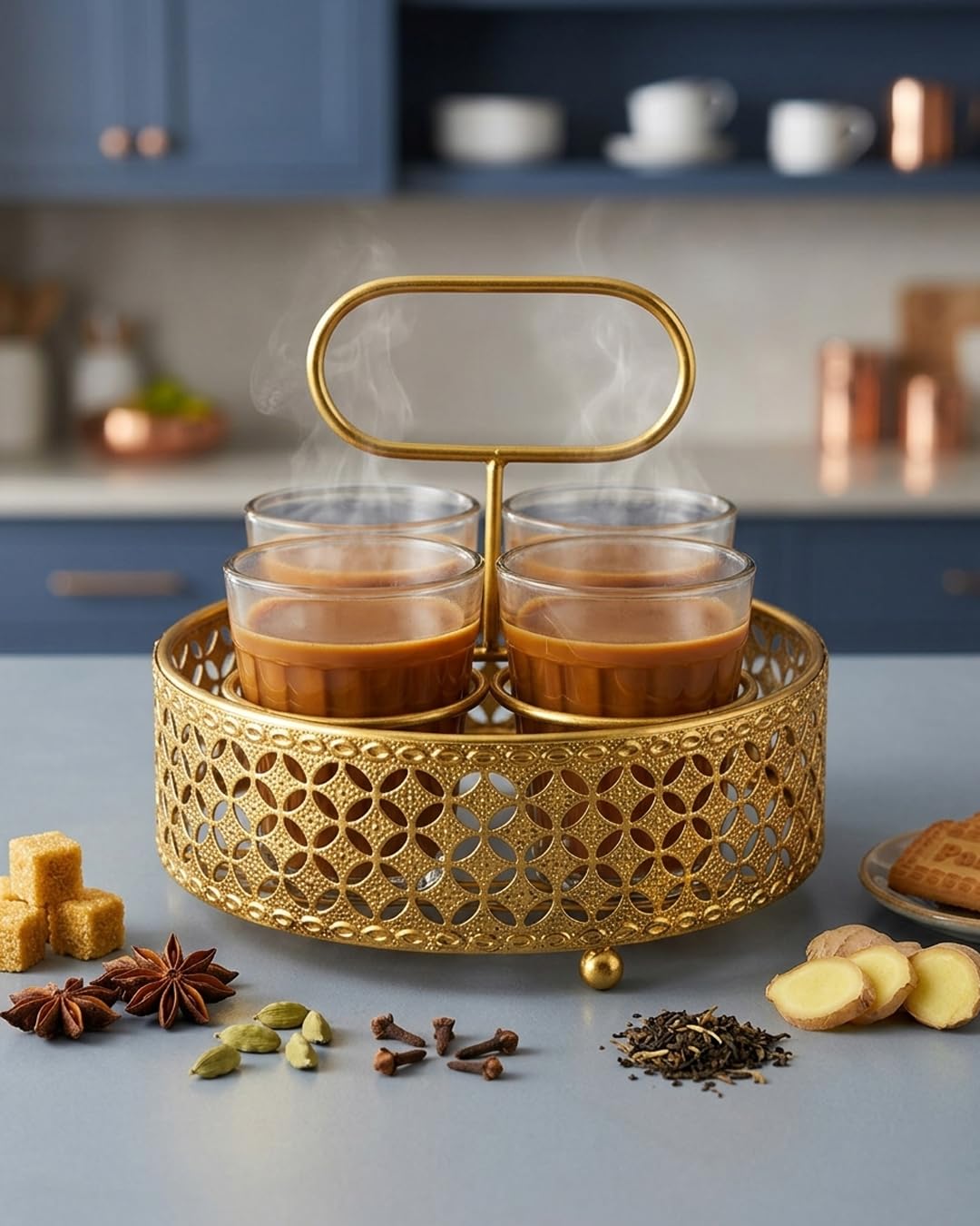 Printed Tea Glass Set with Golden Metal Stand | Set of 4 Cutting Chai Glasses 120ml | Designer Iron Holder Tray for Tea Coffee Serving | Home Kitchen Cafe Use (Gold)